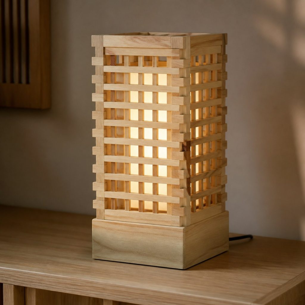 Poplar Lattice Lamp shown as an original square photorealistic poplar wood lamp with authentic grain, warm diffused light, and a short dark power cord