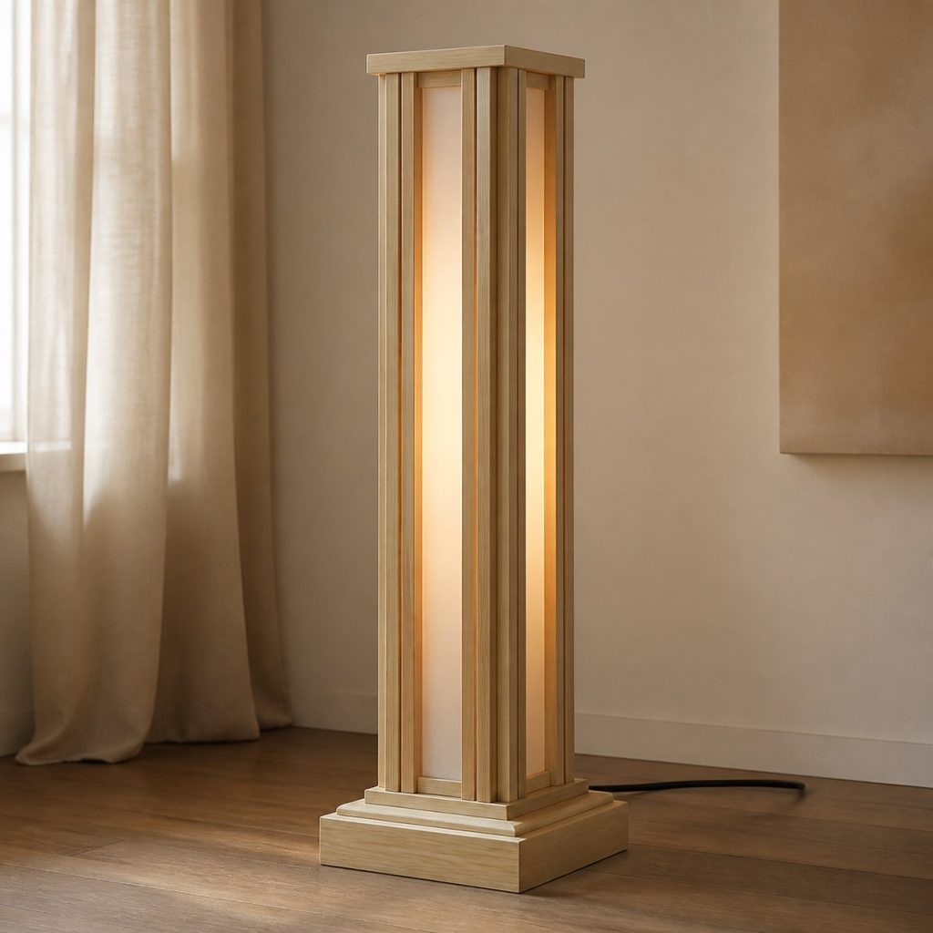 Poplar Column Floor Lamp shown as an original square photorealistic poplar wood lamp with authentic grain, warm diffused light, and a short dark power cord