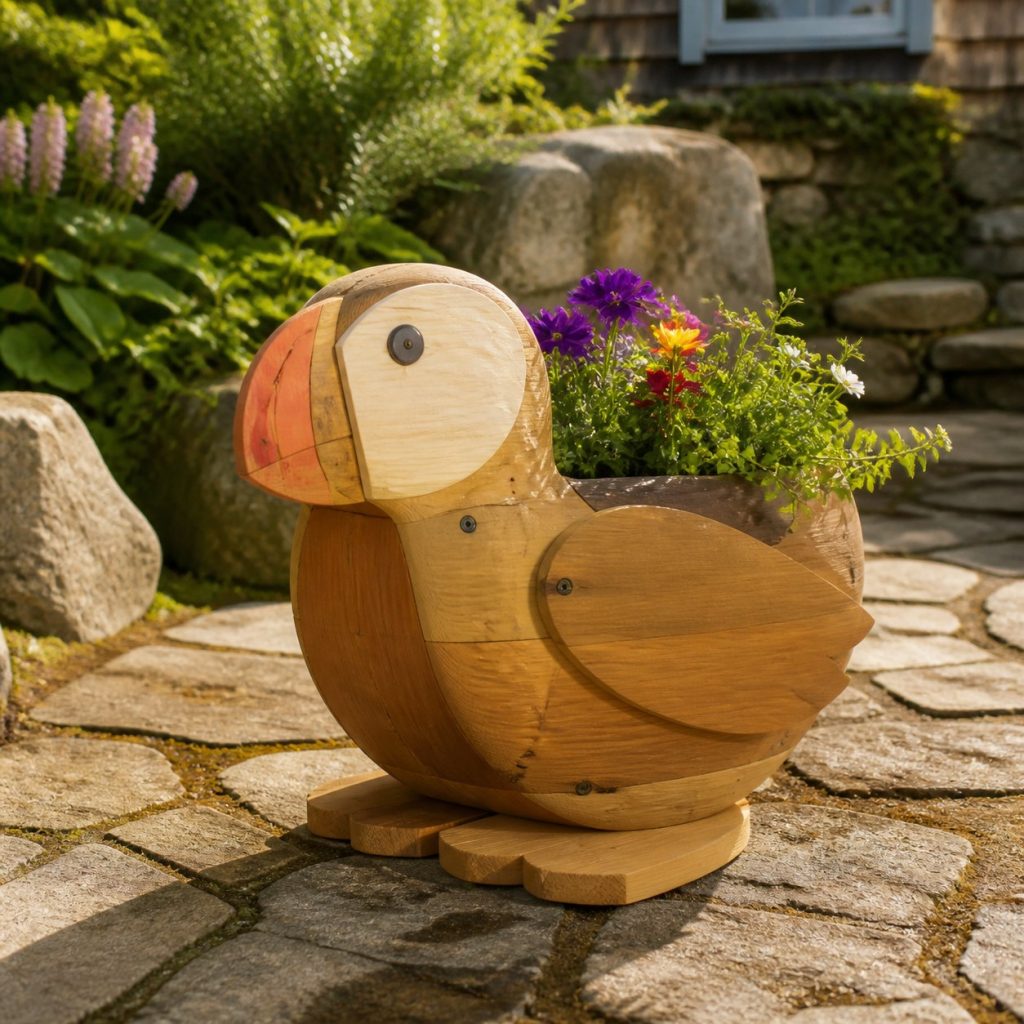 Compact Succulent Puffin shown as a square photorealistic cedar puffin-shaped garden planter filled with flowers