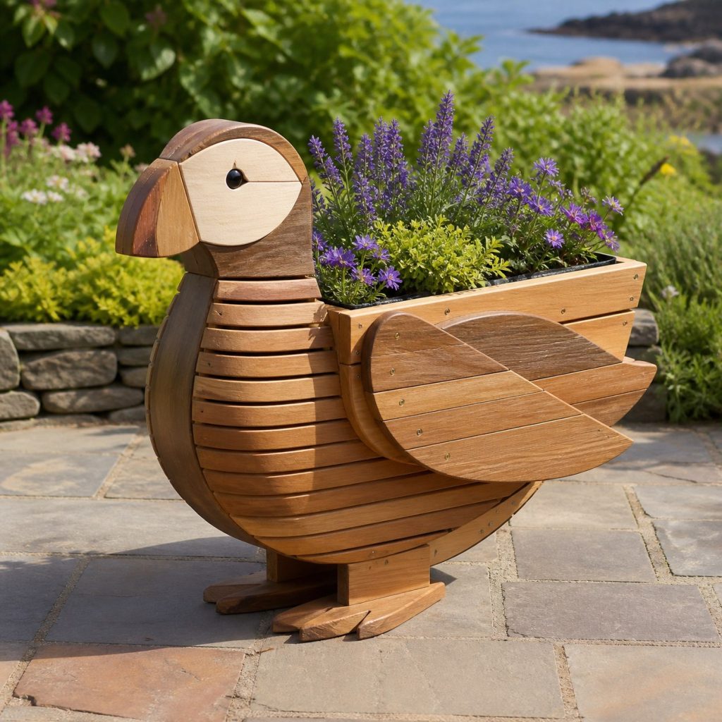 Slatted Herb-Trough Puffin shown as a square photorealistic cedar puffin-shaped garden planter filled with flowers