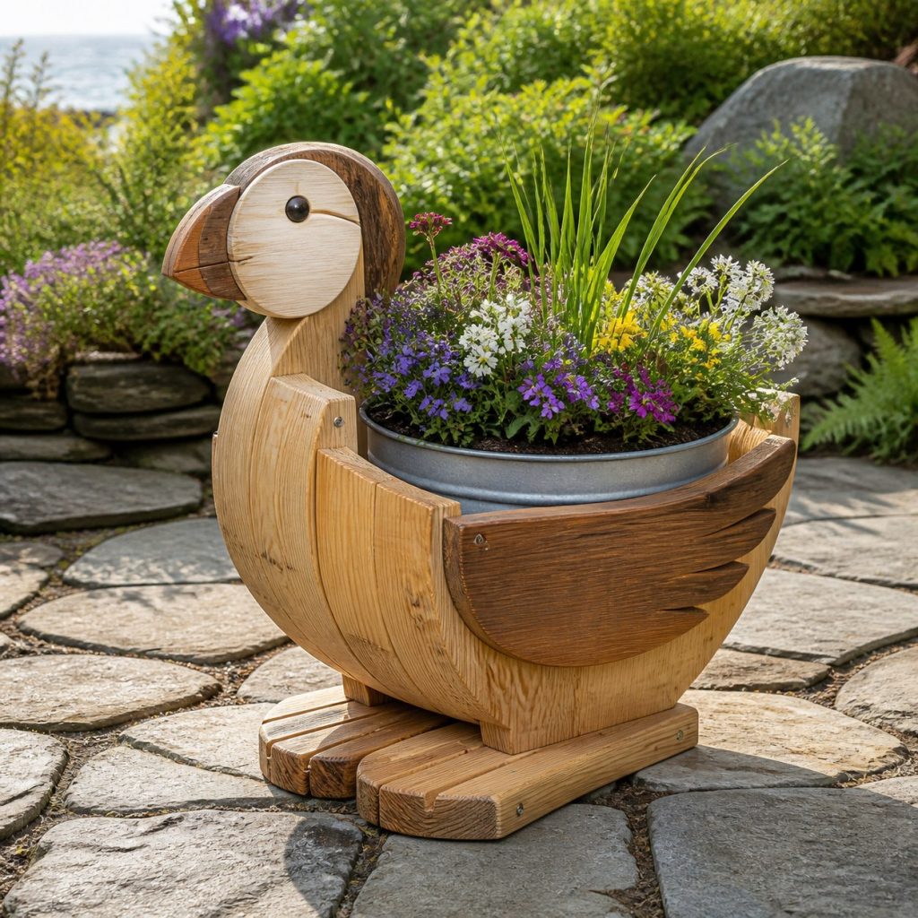 Puffin with Galvanized Liner shown as a square photorealistic cedar puffin-shaped garden planter filled with flowers