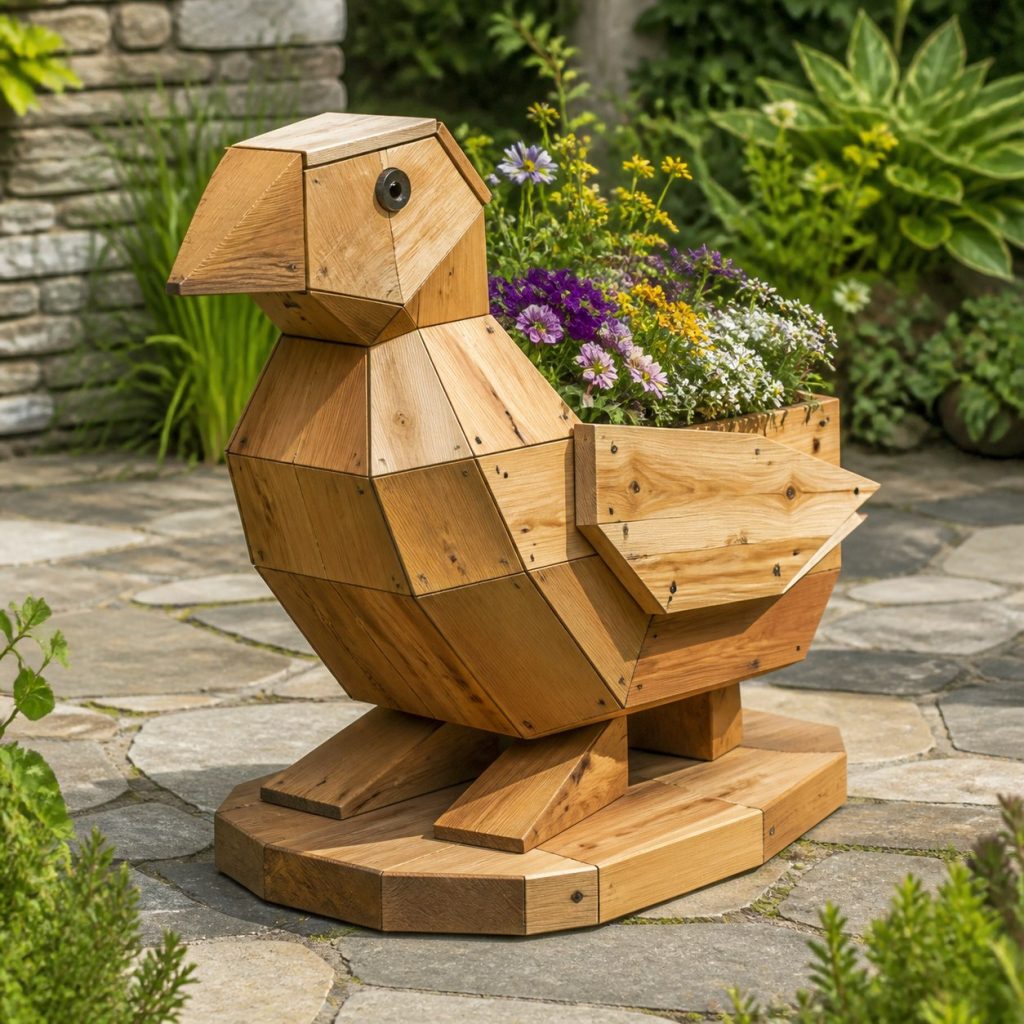 Modern Geometric Puffin shown as a square photorealistic cedar puffin-shaped garden planter filled with flowers