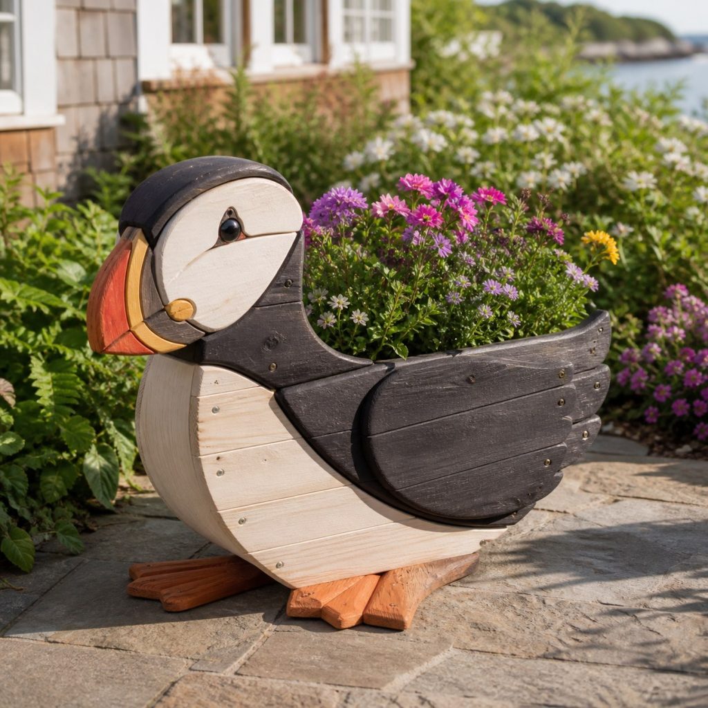 Two-Tone Cedar Puffin shown as a square photorealistic cedar puffin-shaped garden planter filled with flowers