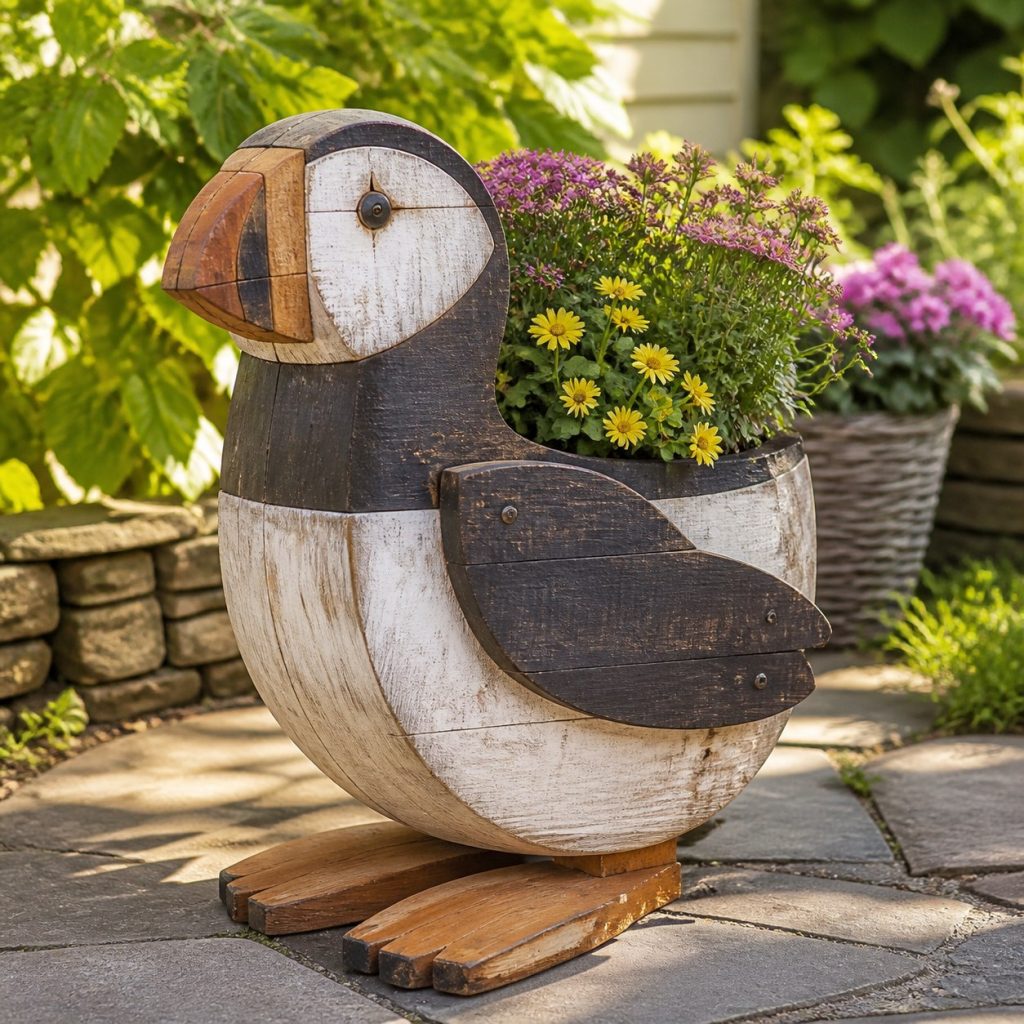 Weathered Cottage Puffin shown as a square photorealistic cedar puffin-shaped garden planter filled with flowers