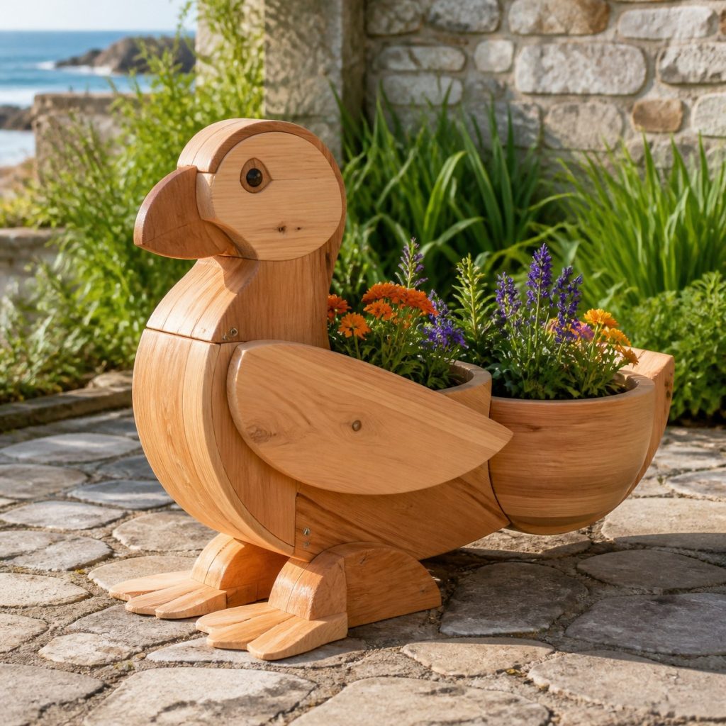 Puffin with Twin Flower Pots shown as a square photorealistic cedar puffin-shaped garden planter filled with flowers