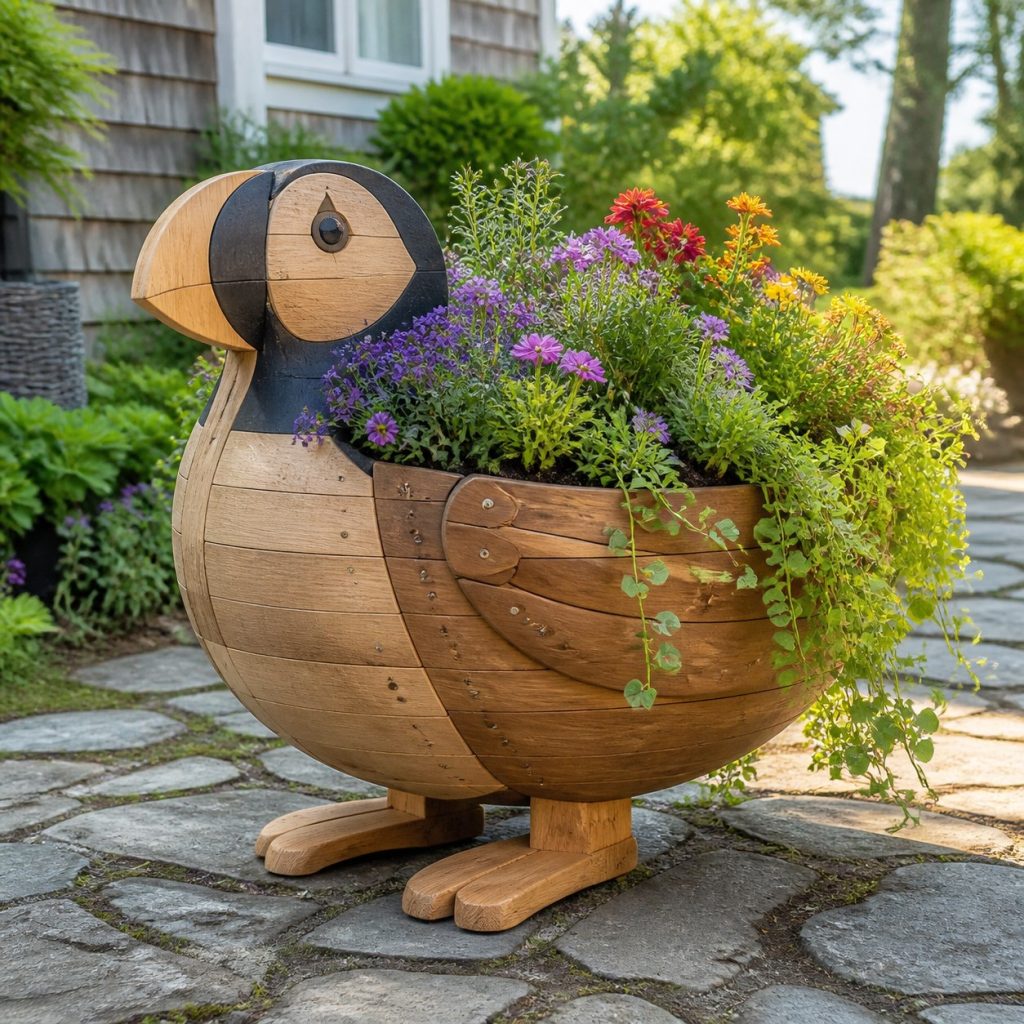 Trailing-Flower Puffin shown as a square photorealistic cedar puffin-shaped garden planter filled with flowers