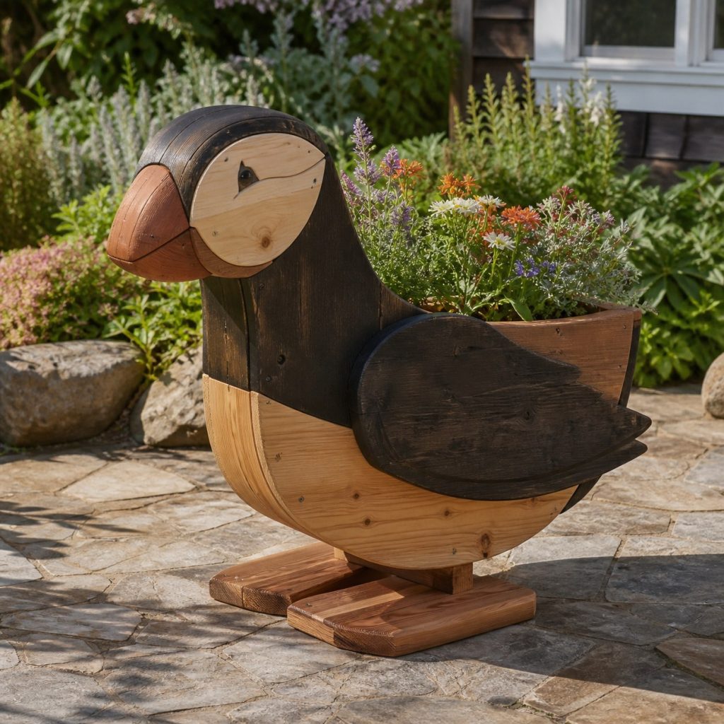 Large Grass-Filled Puffin shown as a square photorealistic cedar puffin-shaped garden planter filled with flowers