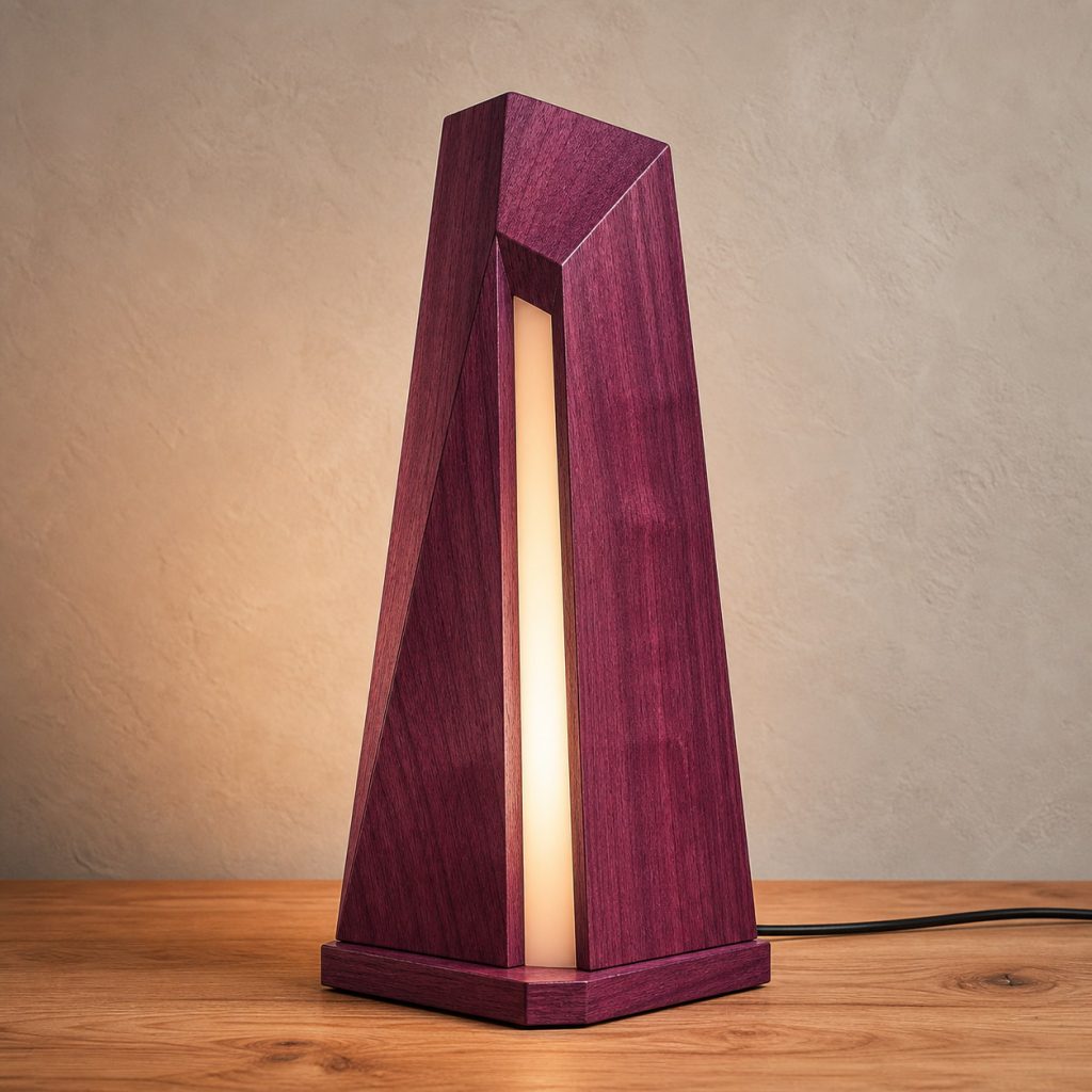 Purpleheart Faceted-Prism Lamp shown as an original square photorealistic purpleheart lamp with natural violet-purple to plum-brown grain, distinctive construction, and warm diffused light