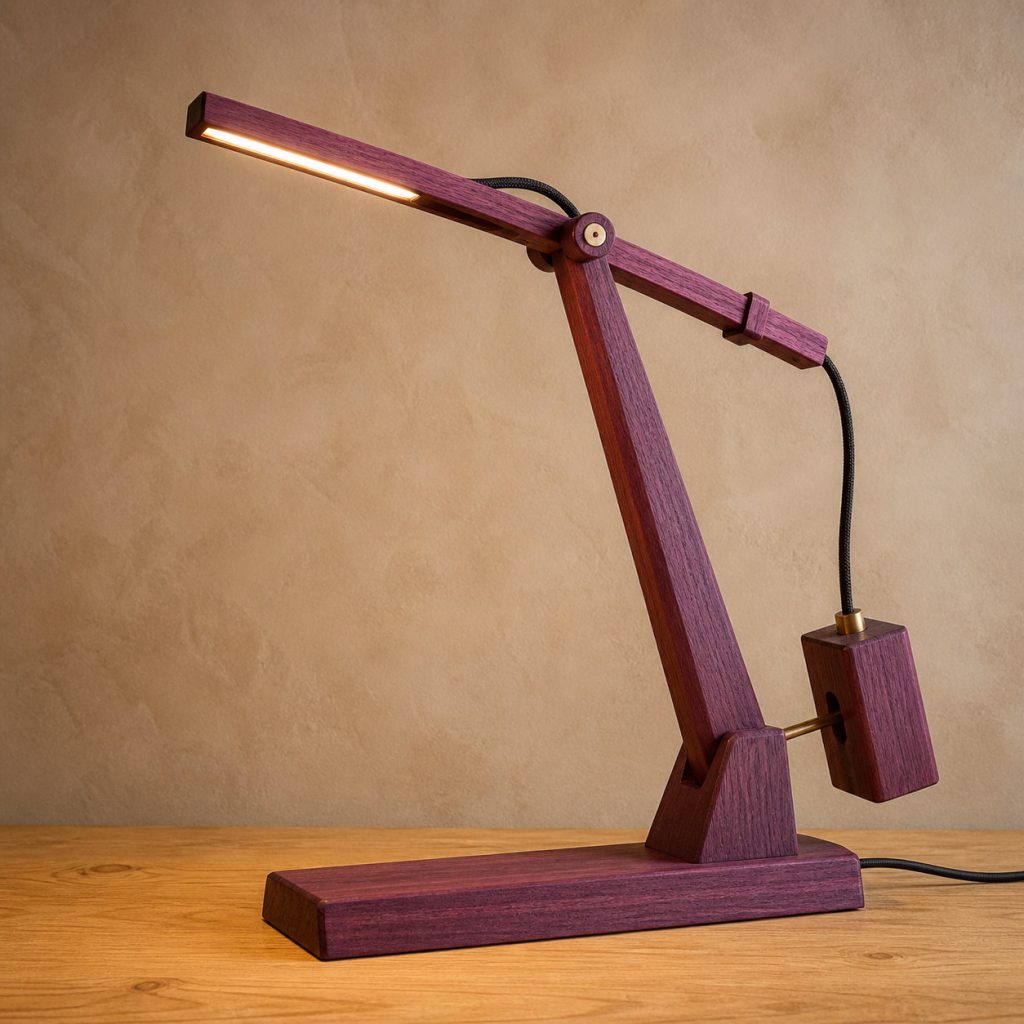 Purpleheart Counterweighted-Crane Lamp shown as an original square photorealistic purpleheart lamp with natural violet-purple to plum-brown grain, distinctive construction, and warm diffused light