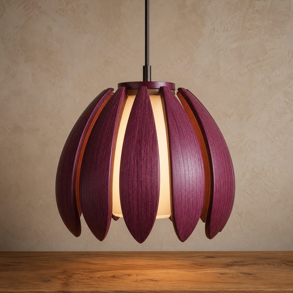 Purpleheart Petal Pendant shown as an original square photorealistic purpleheart lamp with natural violet-purple to plum-brown grain, distinctive construction, and warm diffused light