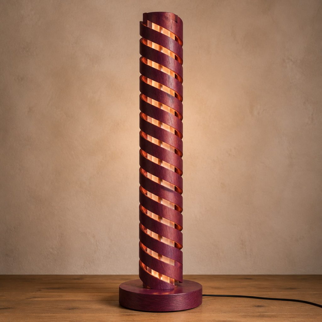 Purpleheart Helical-Louver Lamp shown as an original square photorealistic purpleheart lamp with natural violet-purple to plum-brown grain, distinctive construction, and warm diffused light