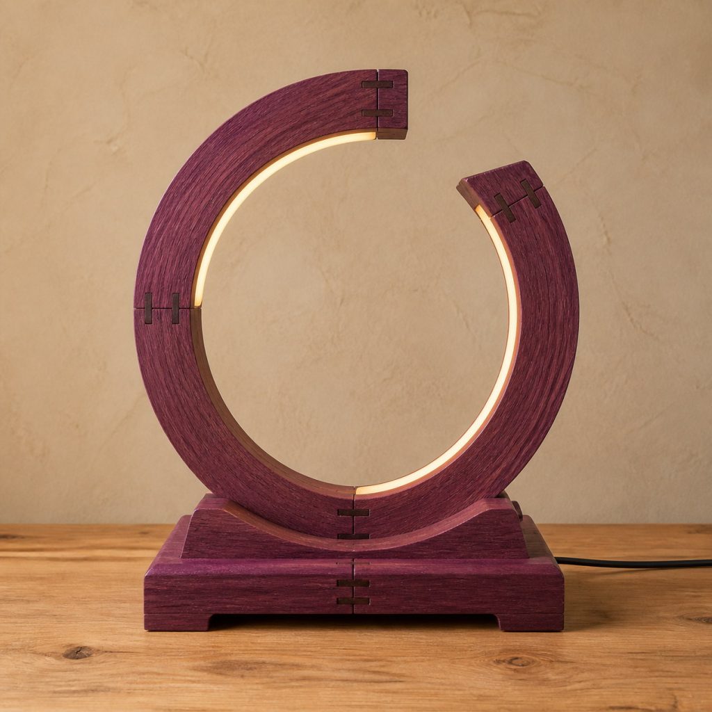 Purpleheart Split-Ring Lamp shown as an original square photorealistic purpleheart lamp with natural violet-purple to plum-brown grain, distinctive construction, and warm diffused light