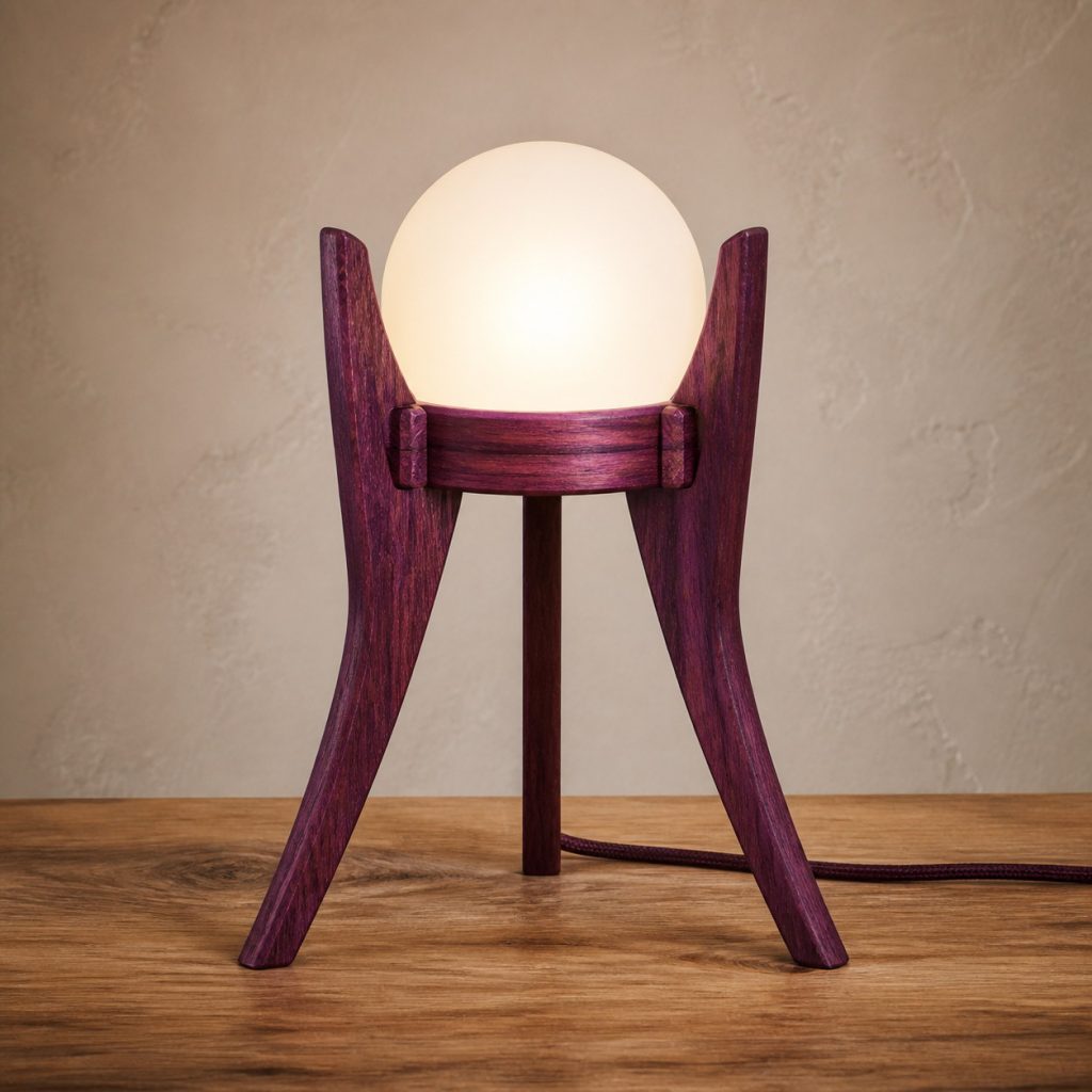 Purpleheart Tripod-Orb Lamp shown as an original square photorealistic purpleheart lamp with natural violet-purple to plum-brown grain, distinctive construction, and warm diffused light