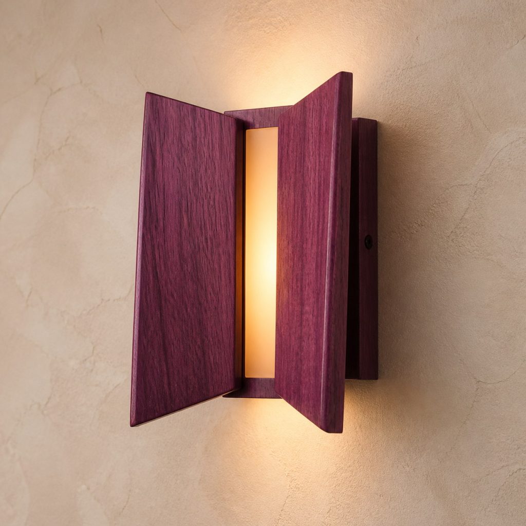 Purpleheart Folded-Wing Sconce shown as an original square photorealistic purpleheart lamp with natural violet-purple to plum-brown grain, distinctive construction, and warm diffused light