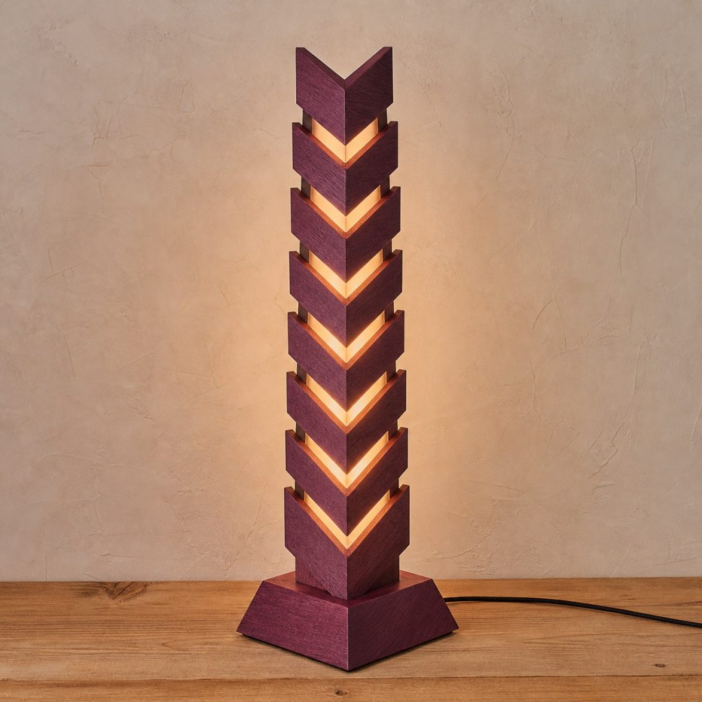 Purpleheart Stacked-Chevron Tower shown as an original square photorealistic purpleheart lamp with natural violet-purple to plum-brown grain, distinctive construction, and warm diffused light