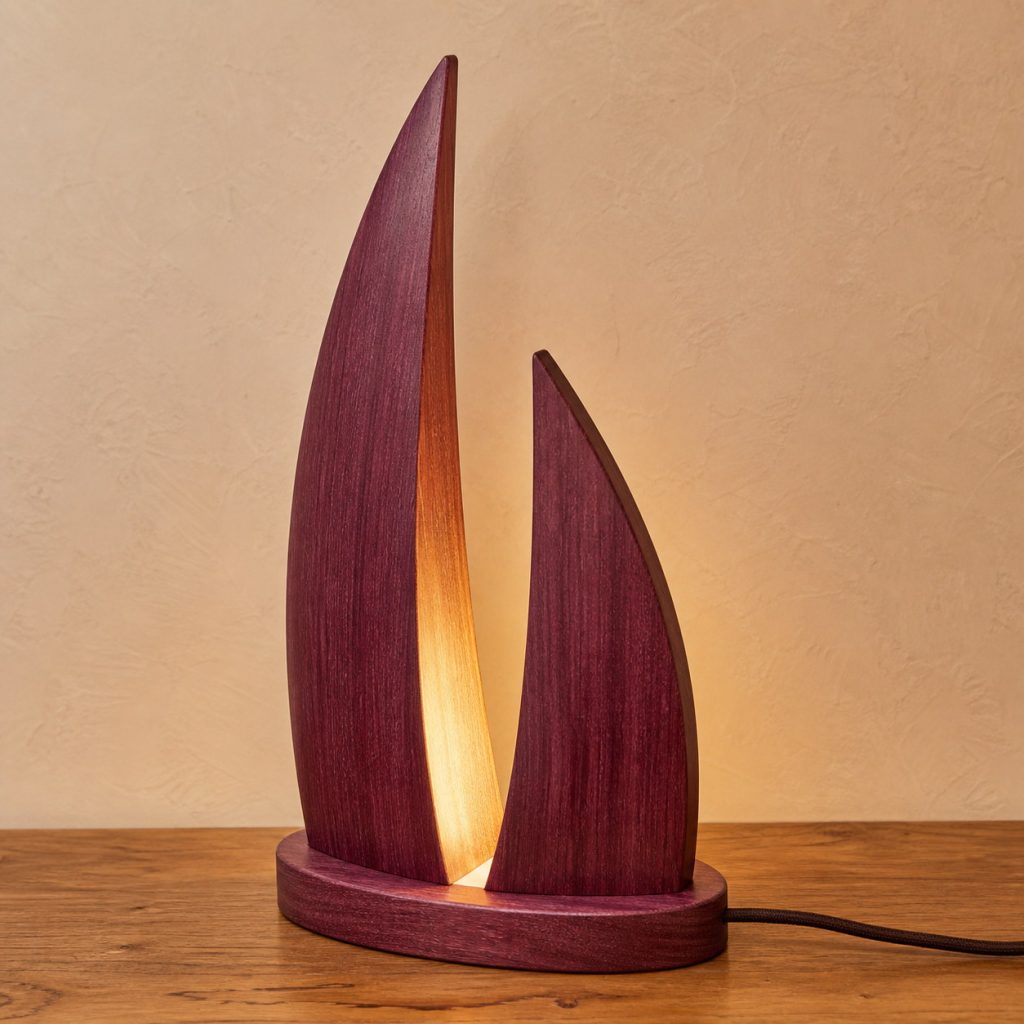 Purpleheart Double-Sail Lamp shown as an original square photorealistic purpleheart lamp with natural violet-purple to plum-brown grain, distinctive construction, and warm diffused light