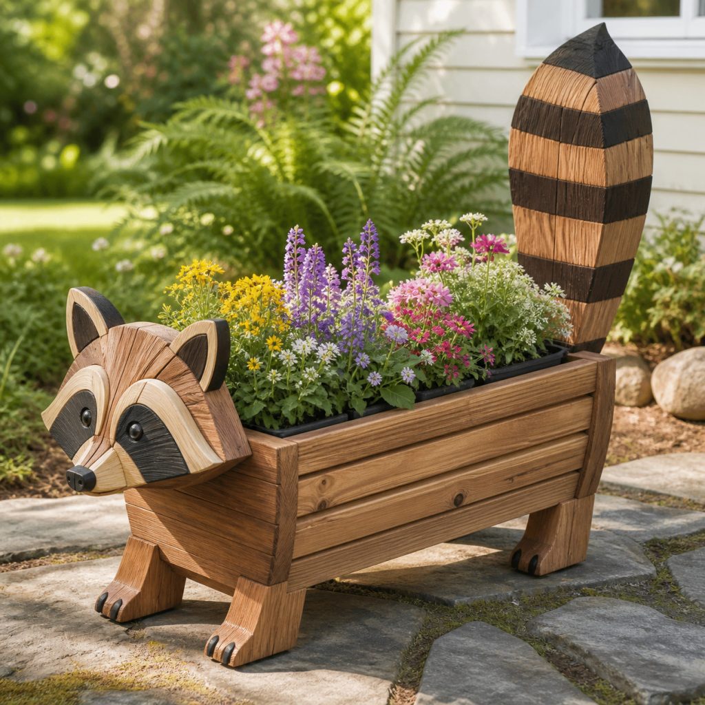 Low Woodland Raccoon Trough shown as a square photorealistic cedar garden planter filled with cottage flowers