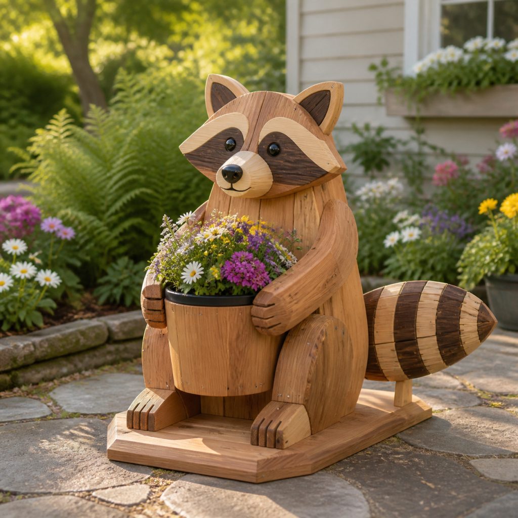 Sitting Raccoon Pot Holder shown as a square photorealistic cedar garden planter filled with cottage flowers