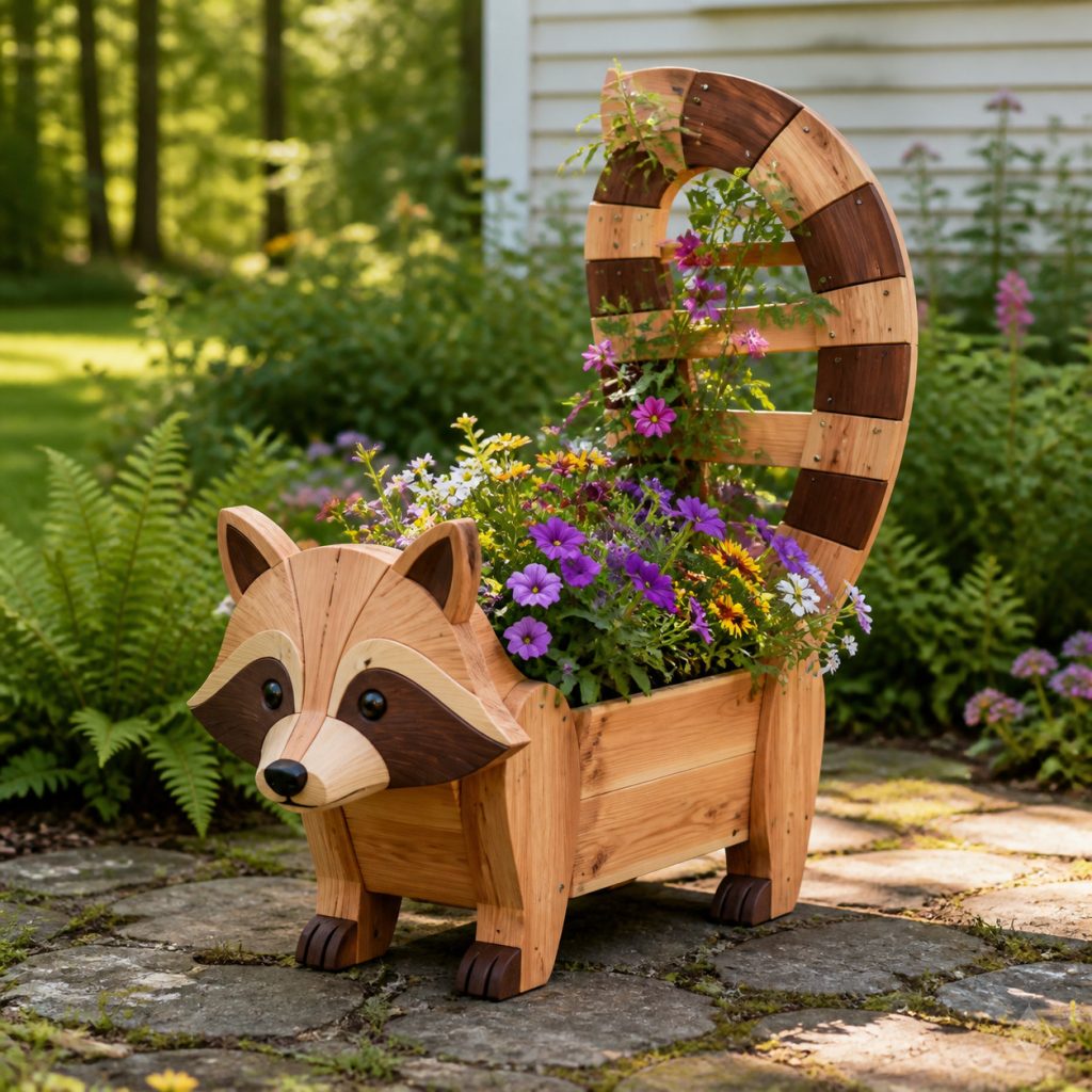 Ring-Tail Trellis Raccoon shown as a square photorealistic cedar garden planter filled with cottage flowers