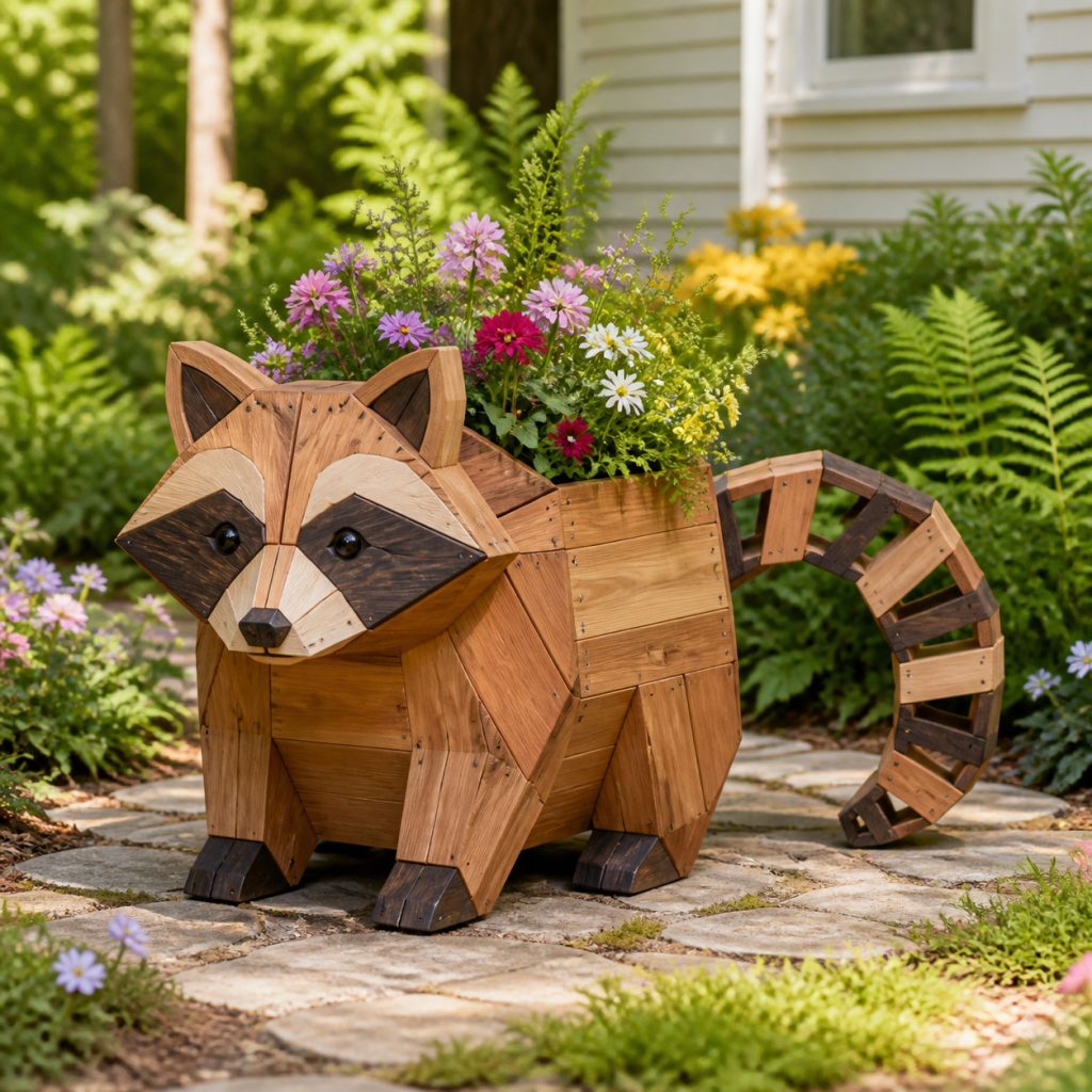 Modern Geometric Raccoon shown as a square photorealistic cedar garden planter filled with cottage flowers