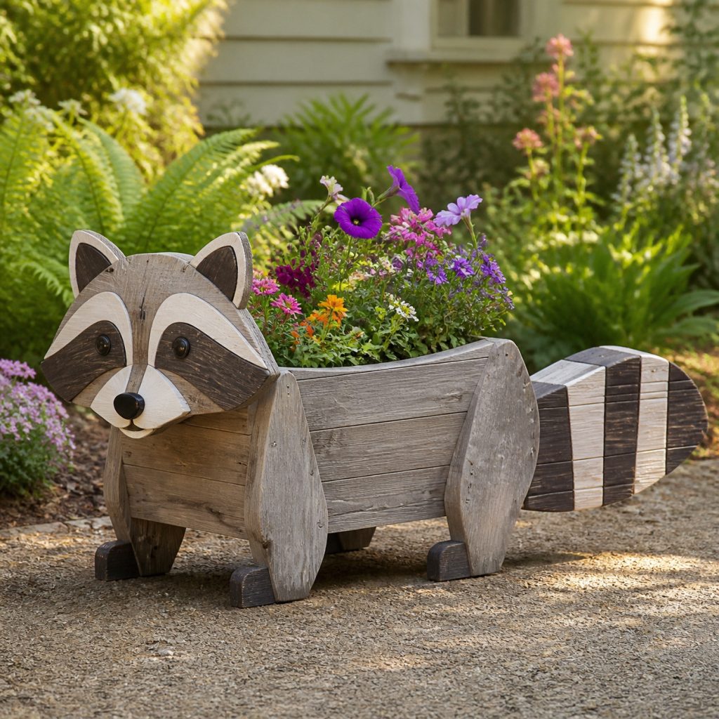 Gray-Washed Cottage Raccoon shown as a square photorealistic cedar garden planter filled with cottage flowers