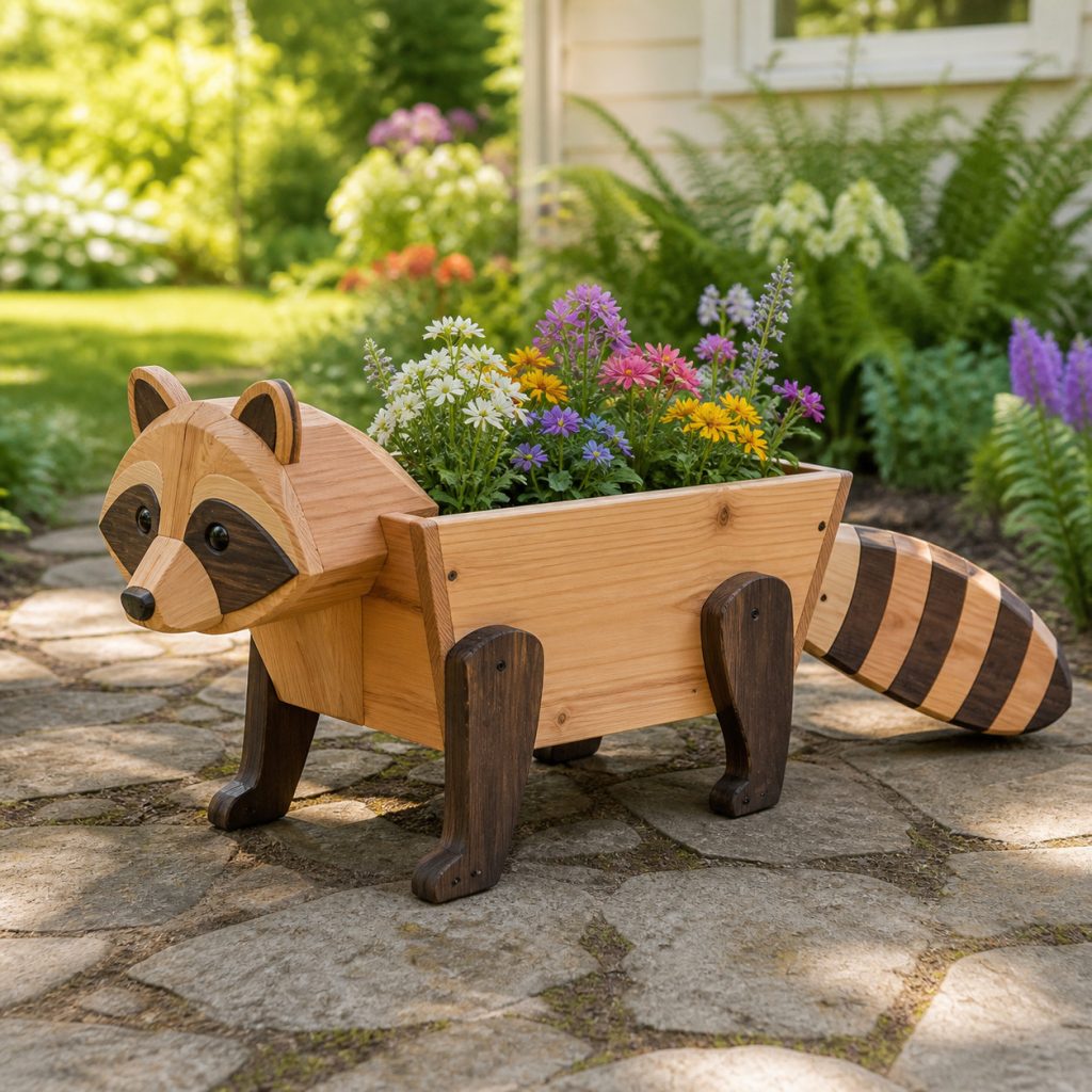 Two-Tone Dark-Mask Raccoon shown as a square photorealistic cedar garden planter filled with cottage flowers