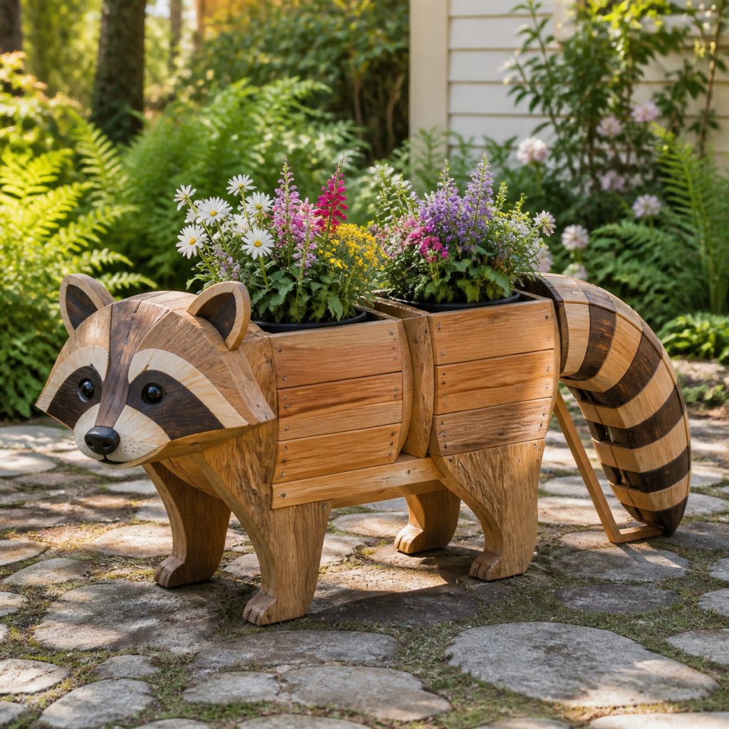 Raccoon with Twin Body Pots shown as a square photorealistic cedar garden planter filled with cottage flowers