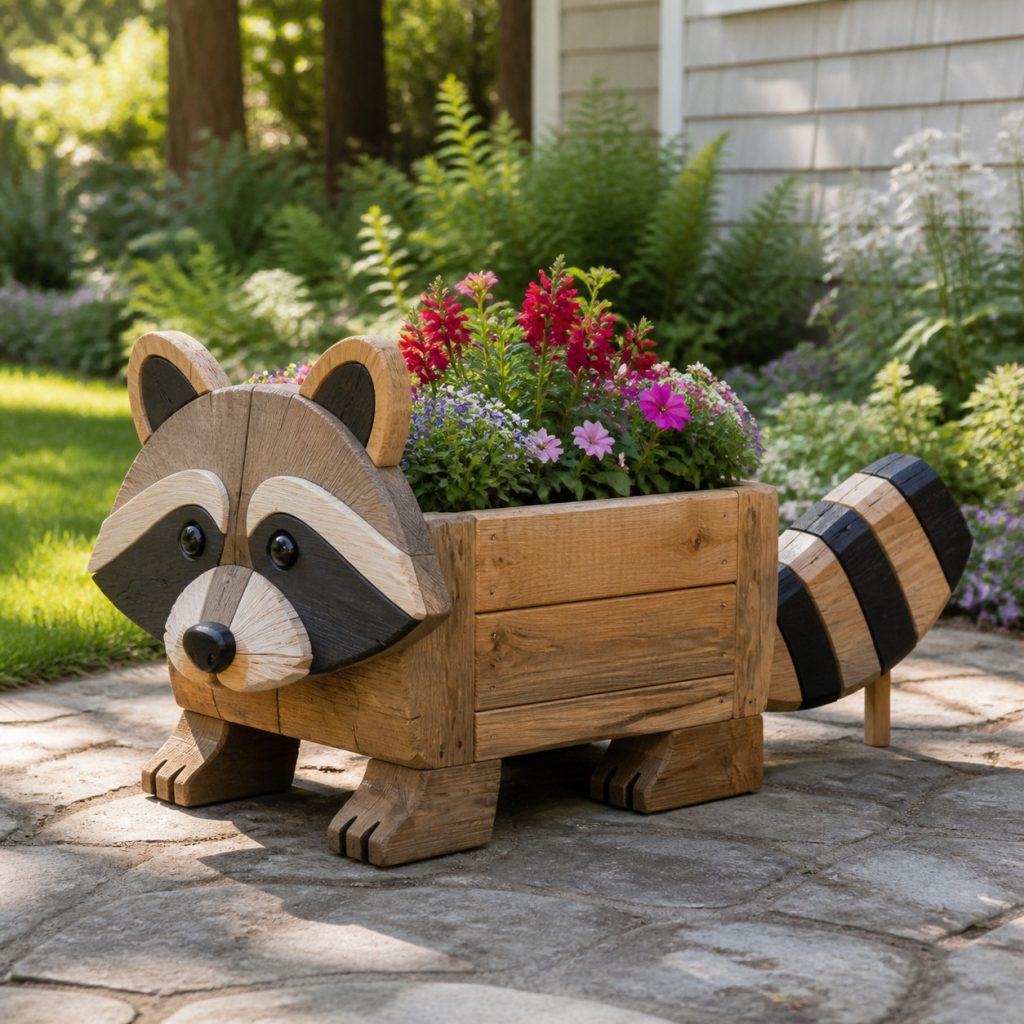 Broad-Base Rustic Raccoon shown as a square photorealistic cedar garden planter filled with cottage flowers