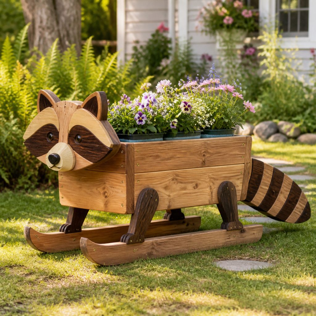 Compact Raccoon on Rails shown as a square photorealistic cedar garden planter filled with cottage flowers
