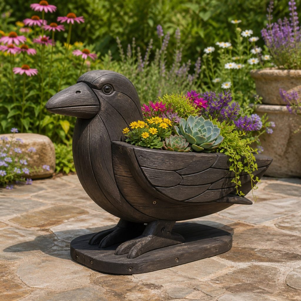 Compact Succulent Raven shown as a square photorealistic cedar raven-shaped garden planter filled with flowers