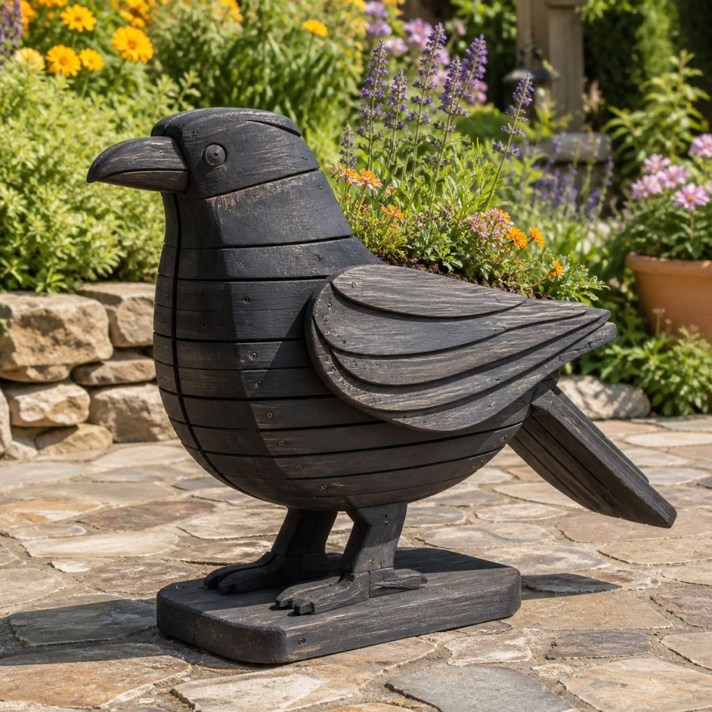 Slatted Herb-Trough Raven shown as a square photorealistic cedar raven-shaped garden planter filled with flowers