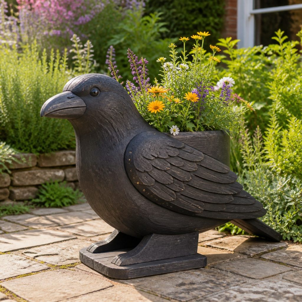 Raven with Galvanized Liner shown as a square photorealistic cedar raven-shaped garden planter filled with flowers