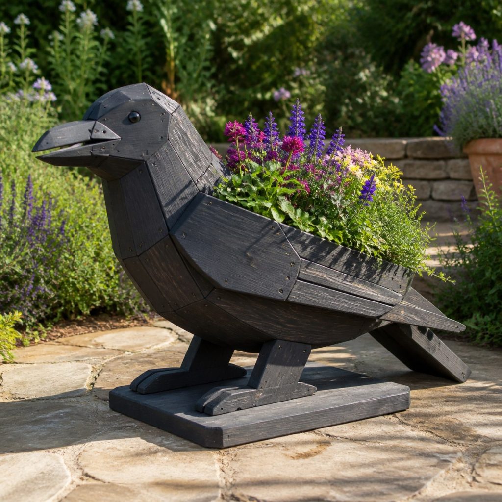 Modern Geometric Raven shown as a square photorealistic cedar raven-shaped garden planter filled with flowers