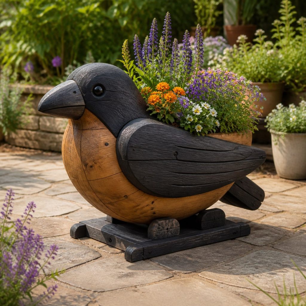 Two-Tone Cedar Raven shown as a square photorealistic cedar raven-shaped garden planter filled with flowers