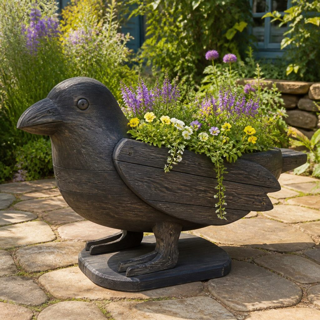 Weathered Cottage Raven shown as a square photorealistic cedar raven-shaped garden planter filled with flowers
