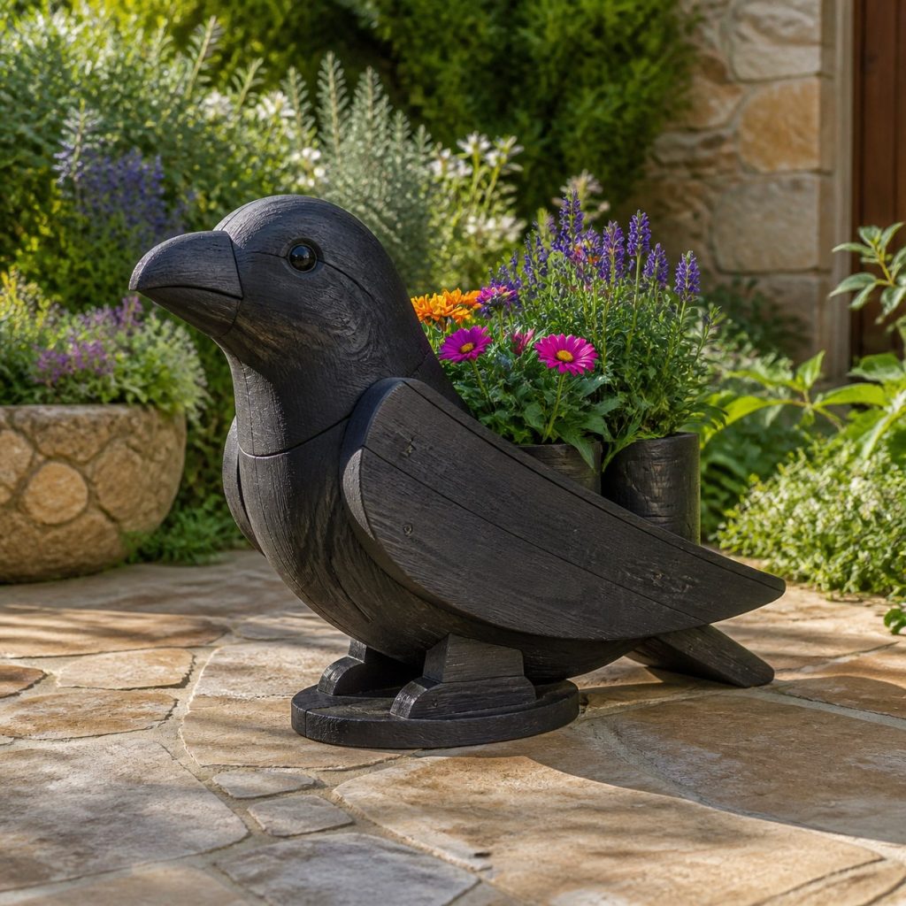 Raven with Twin Flower Pots shown as a square photorealistic cedar raven-shaped garden planter filled with flowers