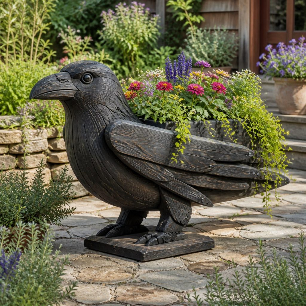 Trailing-Flower Raven shown as a square photorealistic cedar raven-shaped garden planter filled with flowers