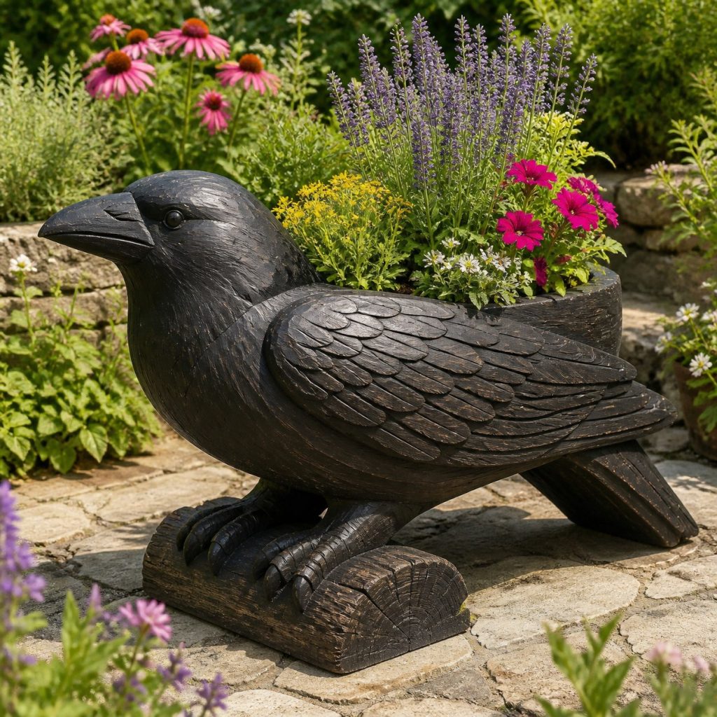 Large Grass-Filled Raven shown as a square photorealistic cedar raven-shaped garden planter filled with flowers