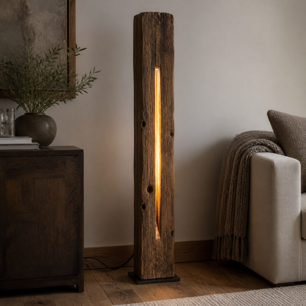 Reclaimed Barn-Beam Floor Lamp shown as an original square photorealistic reclaimed wood lamp with authentic wood texture, warm diffused light, and a short dark power cord