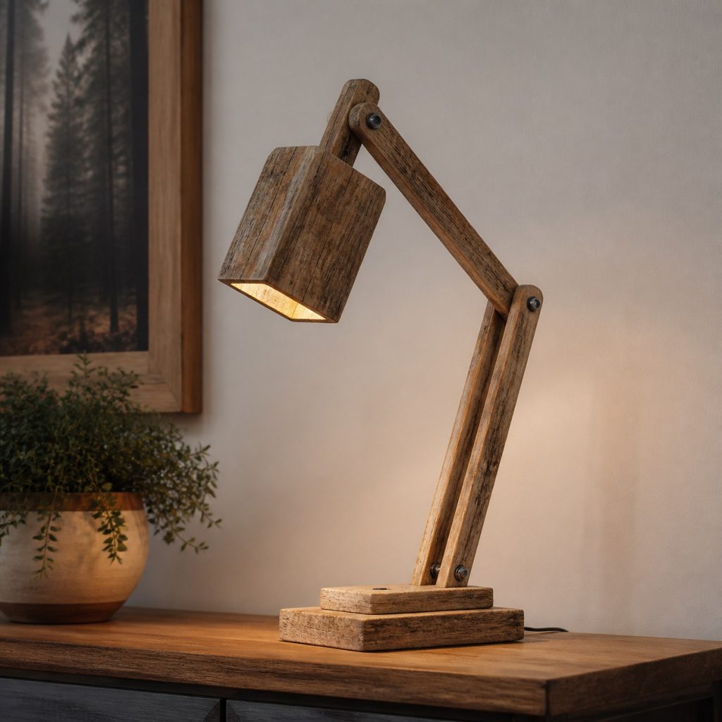 Weathered Timber Task Lamp shown as an original square photorealistic reclaimed wood lamp with authentic wood texture, warm diffused light, and a short dark power cord