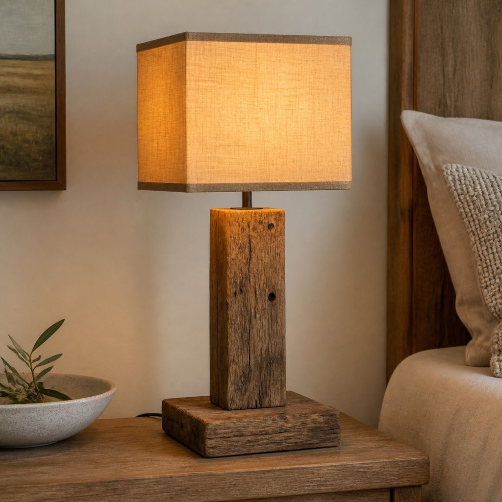 Reclaimed Oak Bedside Lamp shown as an original square photorealistic reclaimed wood lamp with authentic wood texture, warm diffused light, and a short dark power cord
