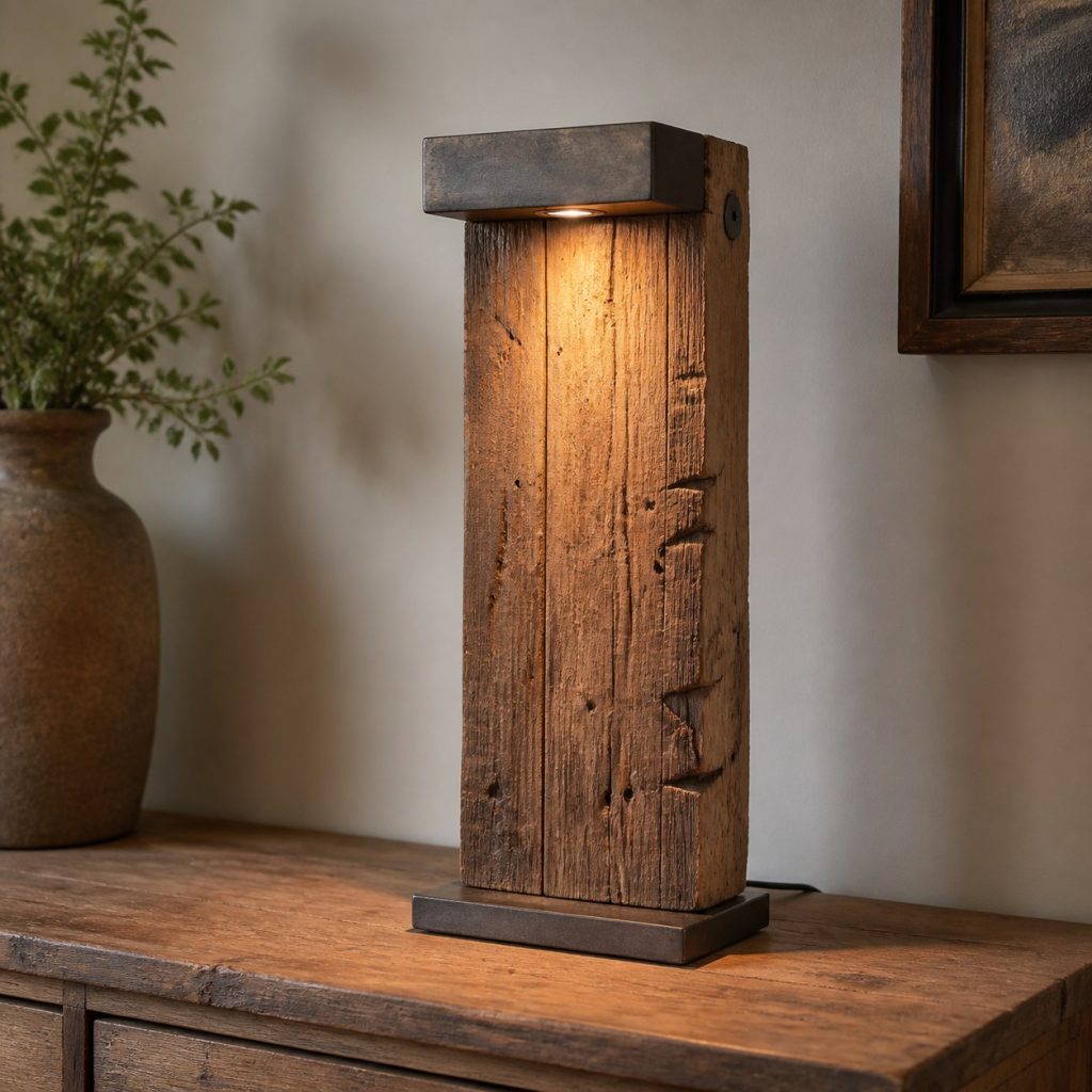 Salvaged Beam Console Lamp shown as an original square photorealistic reclaimed wood lamp with authentic wood texture, warm diffused light, and a short dark power cord