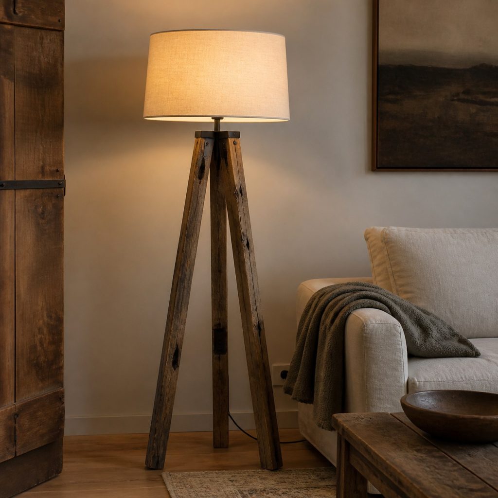 Reclaimed Wood Tripod Lamp shown as an original square photorealistic reclaimed wood lamp with authentic wood texture, warm diffused light, and a short dark power cord