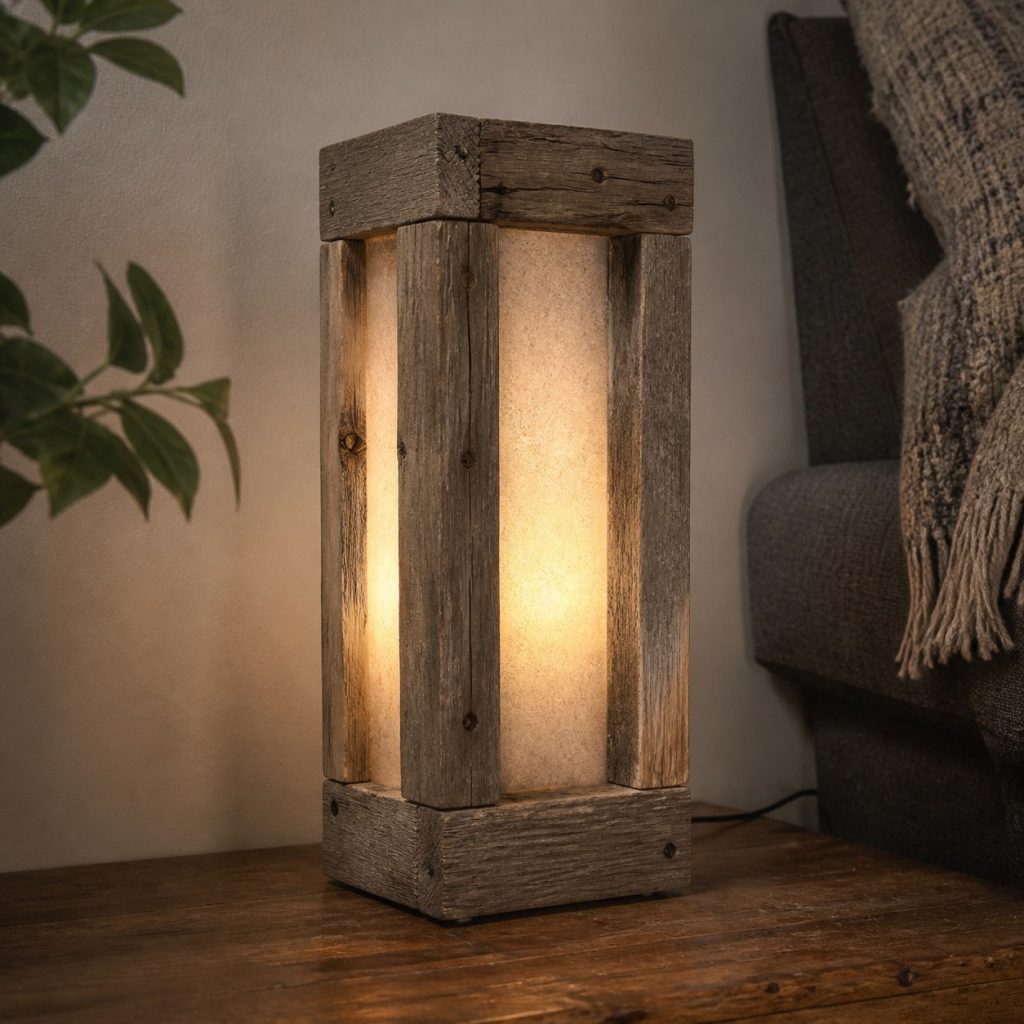 Weathered Plank Lantern shown as an original square photorealistic reclaimed wood lamp with authentic wood texture, warm diffused light, and a short dark power cord