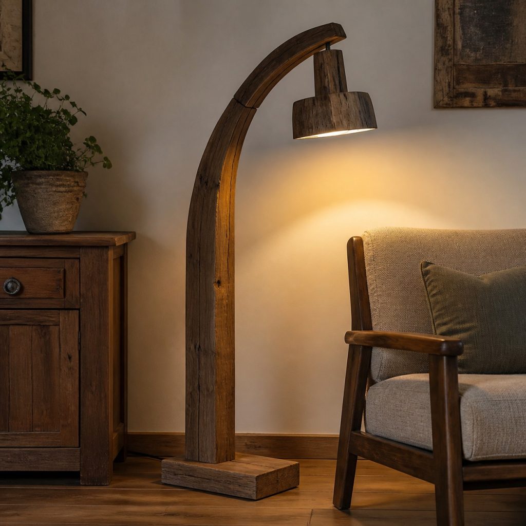 Reclaimed Timber Arch Lamp shown as an original square photorealistic reclaimed wood lamp with authentic wood texture, warm diffused light, and a short dark power cord