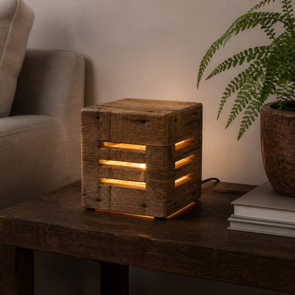Salvaged-Wood Cube Lamp shown as an original square photorealistic reclaimed wood lamp with authentic wood texture, warm diffused light, and a short dark power cord