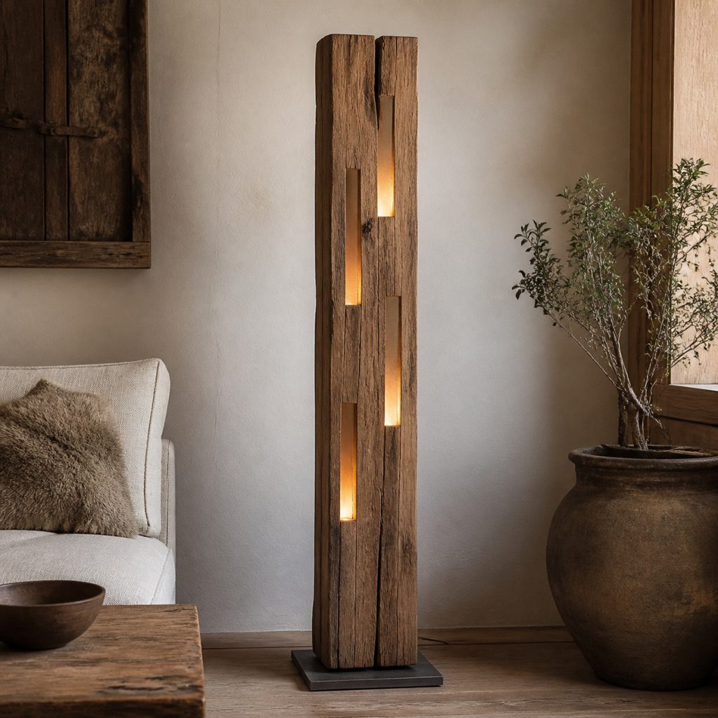 Reclaimed Beam Sculpture Lamp shown as an original square photorealistic reclaimed wood lamp with authentic wood texture, warm diffused light, and a short dark power cord