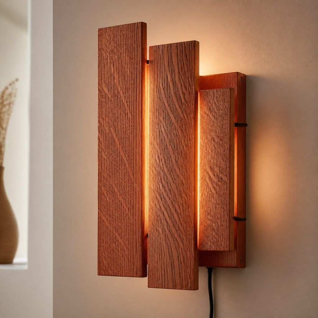 Red Oak Layered-Panel Sconce shown as an original square photorealistic red oak lamp with natural pinkish-red grain, distinctive construction, and warm diffused light