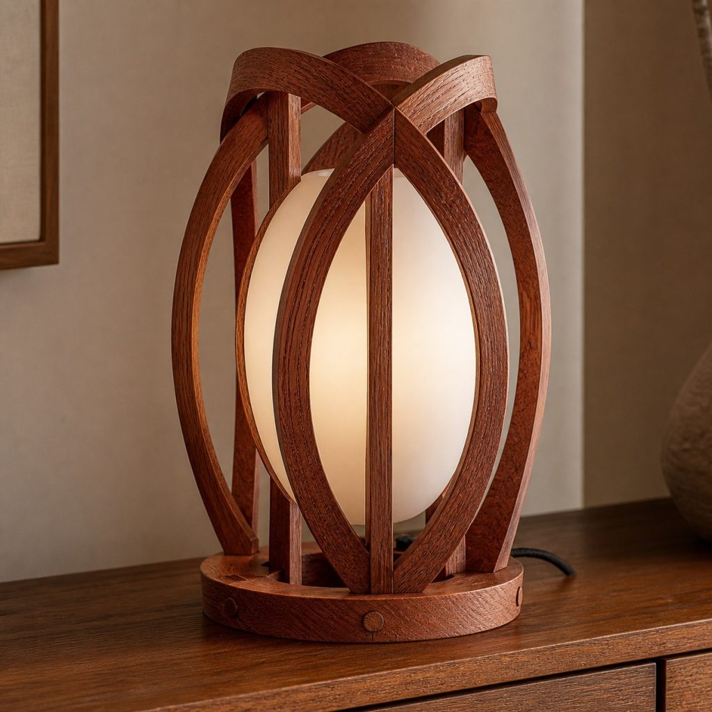 Red Oak Barrel-Hoop Lamp shown as an original square photorealistic red oak lamp with natural pinkish-red grain, distinctive construction, and warm diffused light