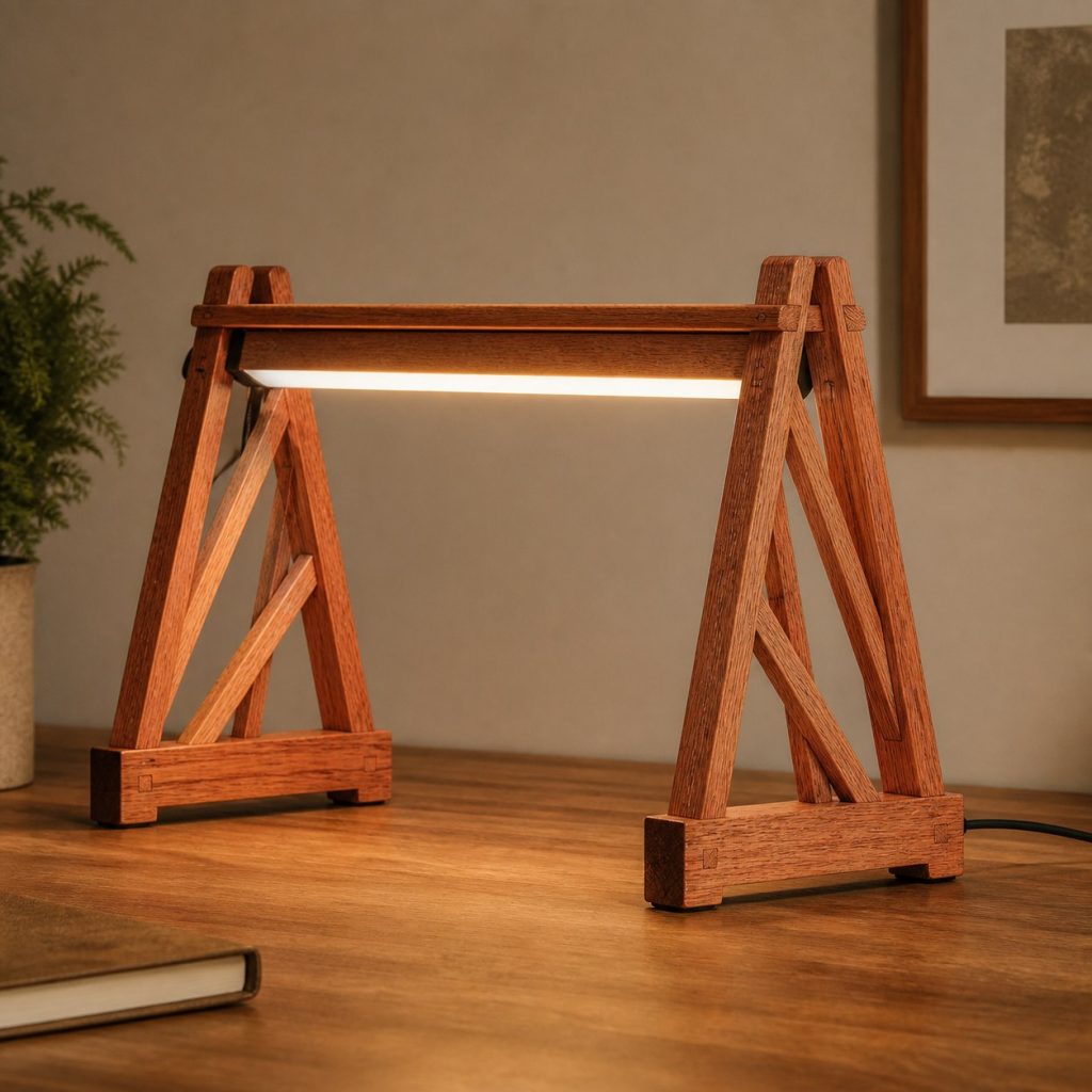 Red Oak Bridge-Truss Lamp shown as an original square photorealistic red oak lamp with natural pinkish-red grain, distinctive construction, and warm diffused light